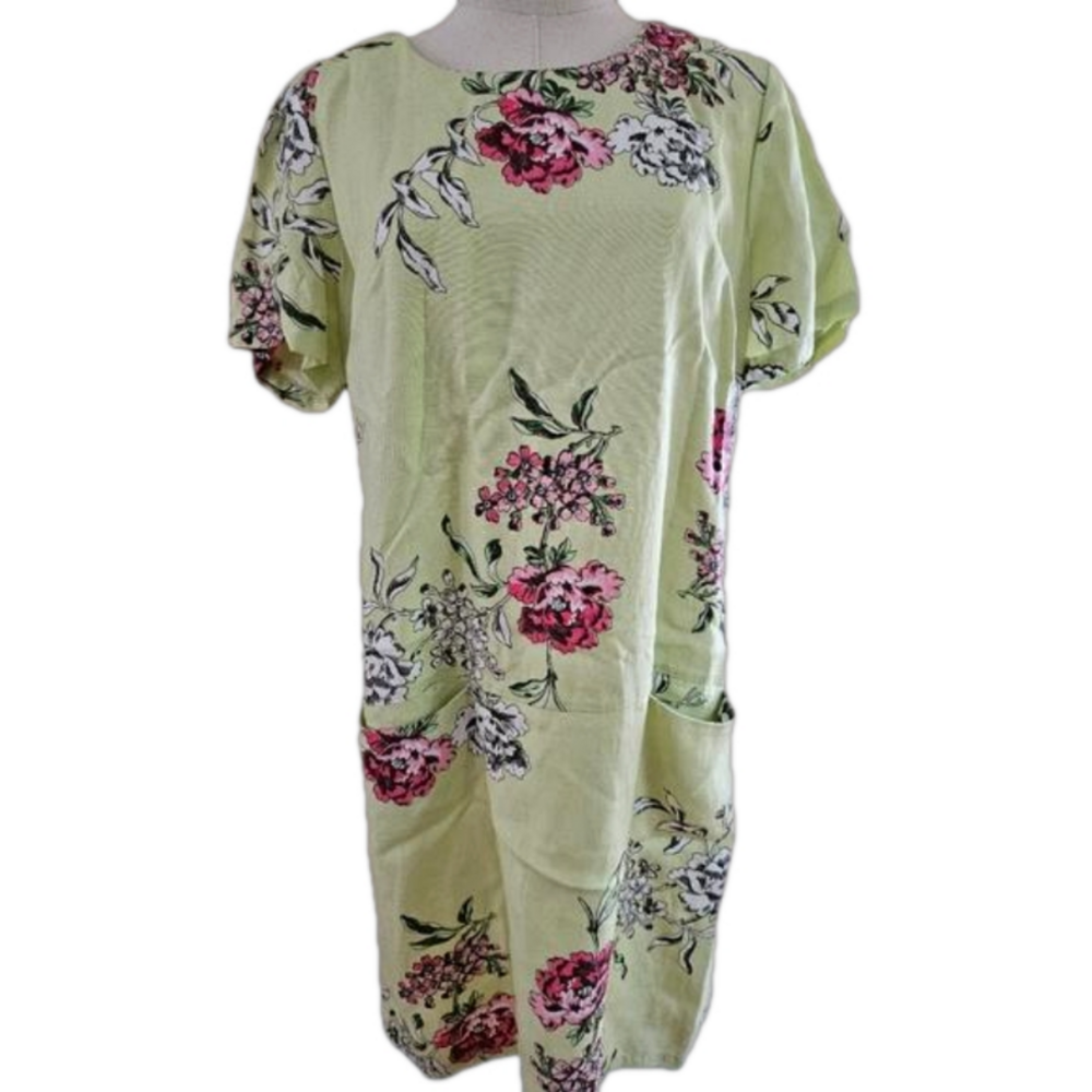 Joules Linen Green Floral Front Pockets Short Sleeve Shift Dress-Size 10 - Picture 1 of 6